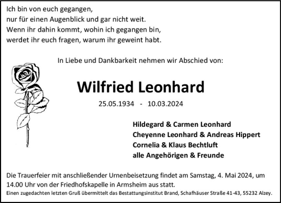 Traueranzeige von Wilfried Leonhard von Allgemeine Zeitung Alzey