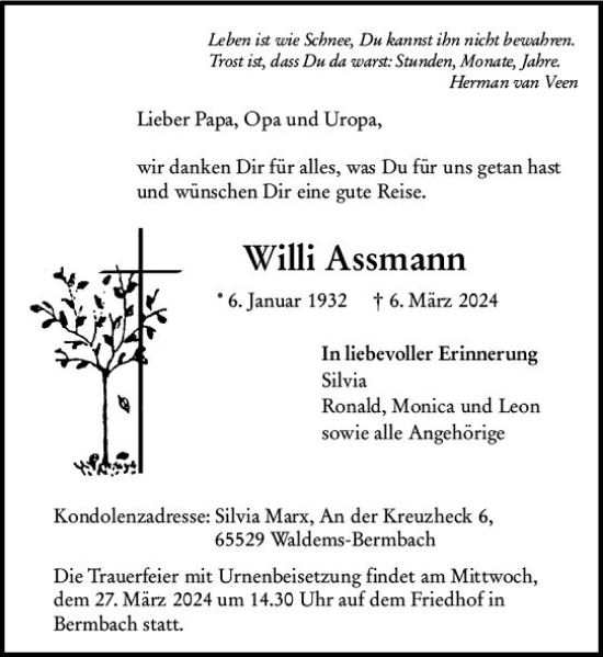 Traueranzeige von Willi Assmann von Idsteiner Land/Untertaunus