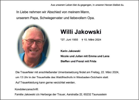 Traueranzeige von Willi Jakowski von Wiesbadener Kurier
