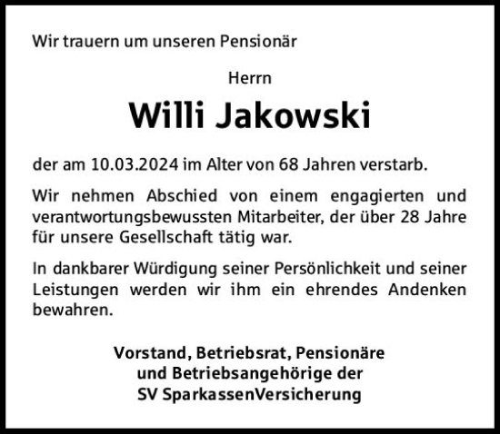 Traueranzeige von Willi Jakowski von Wiesbadener Kurier