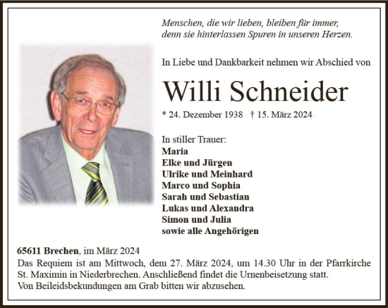 Traueranzeige von Willi Schneider von Nassauische Neue Presse
