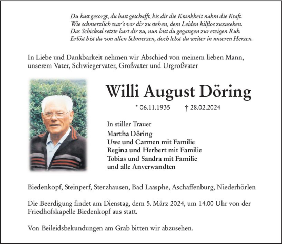 Traueranzeige von Willi August Döring von Hinterländer Anzeiger
