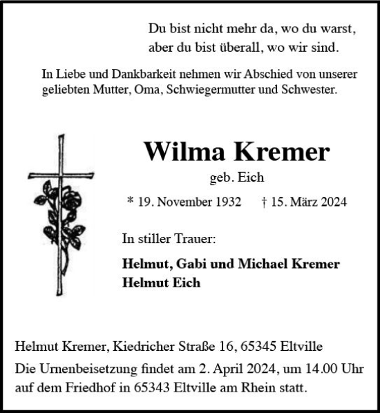 Traueranzeige von Wilma Kremer von Rheingau Kurier