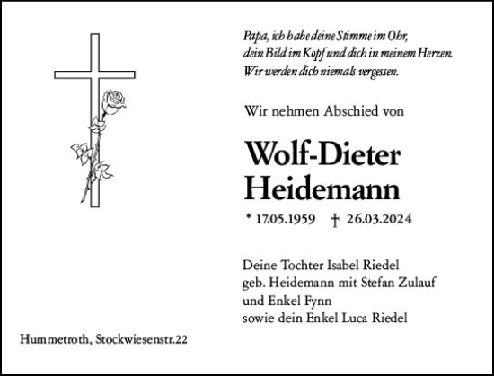 Traueranzeige von Wolf-Dieter Heidemann von Odenwälder Echo