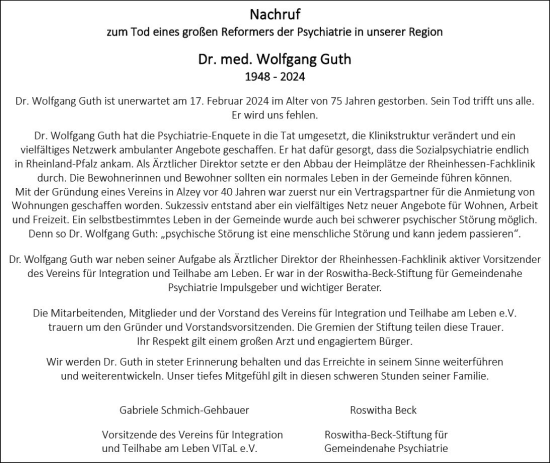 Traueranzeige von Wolfgang Guth von Allgemeine Zeitung Alzey