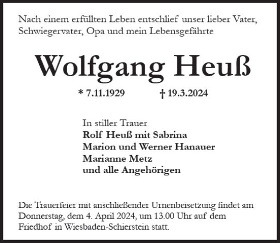 Traueranzeige von Wolfgang Heuß von Wiesbadener Kurier