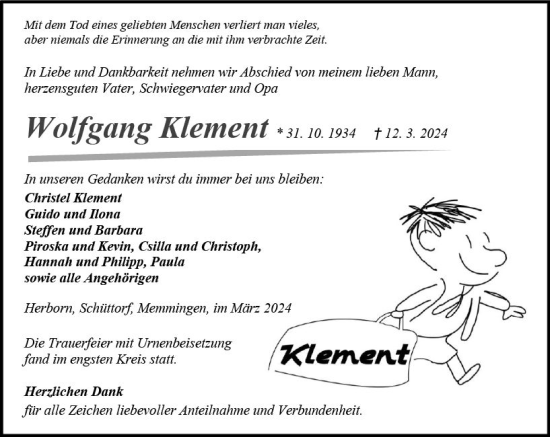 Traueranzeige von Wolfgang Klement von Dill Block