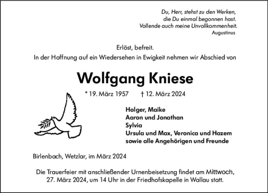 Traueranzeige von Wolfgang Kniese von Hinterländer Anzeiger