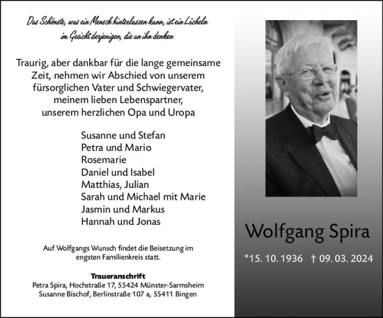 Traueranzeige von Wolfgang Spira von Allgemeine Zeitung Bingen/Ingelheim