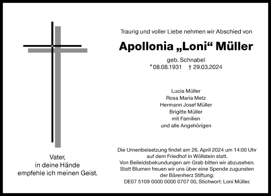 Traueranzeige von Apollonia Müller von Allgemeine Zeitung Alzey