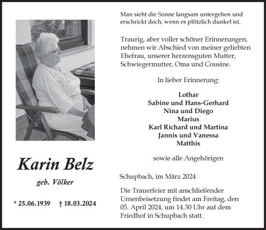 Traueranzeige von Karin Belz von Weilburger Tageblatt