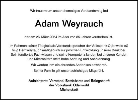 Traueranzeige von Adam Weyrauch von Odenwälder Echo