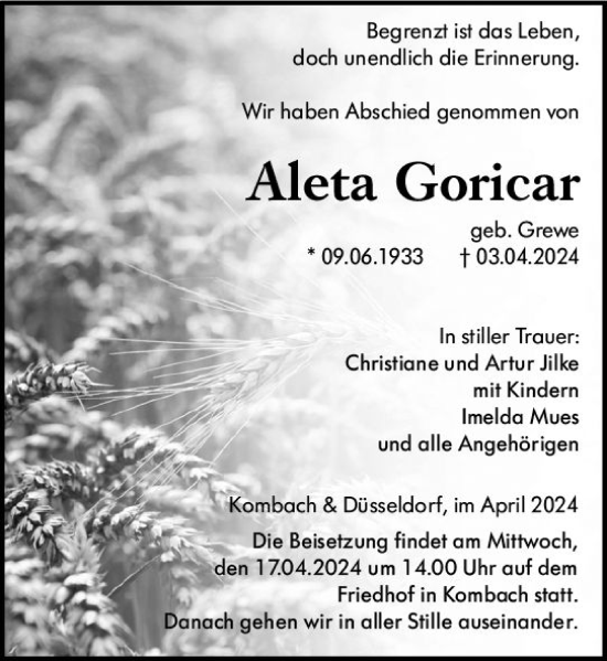 Traueranzeige von Aleta Goricar von Hinterländer Anzeiger