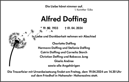 Traueranzeige von Alfred Doffing von Wetzlarer Neue Zeitung
