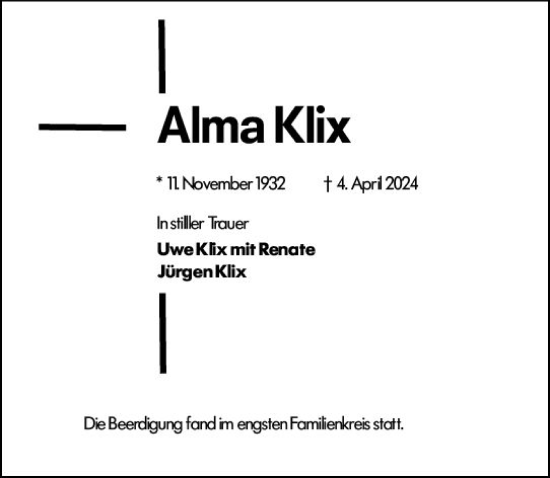 Traueranzeige von Alma Klix von Darmstädter Echo