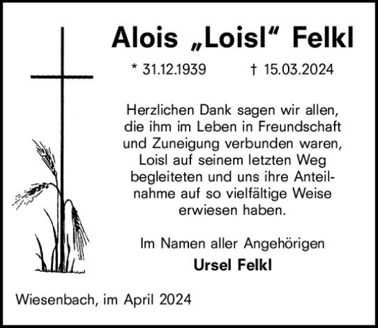 Traueranzeige von Alois Felkl von Hinterländer Anzeiger