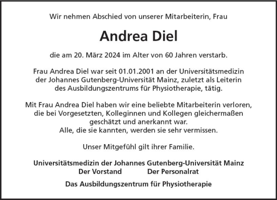 Traueranzeige von Andrea Diel von Allgemeine Zeitung Mainz
