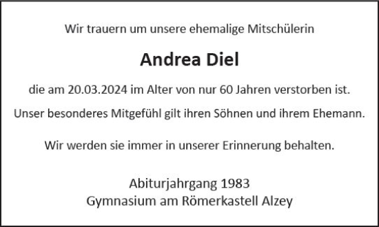 Traueranzeige von Andrea Diel von Allgemeine Zeitung Alzey