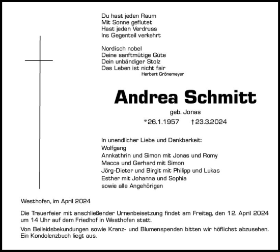 Traueranzeige von Andrea Schmitt von Wormser Zeitung
