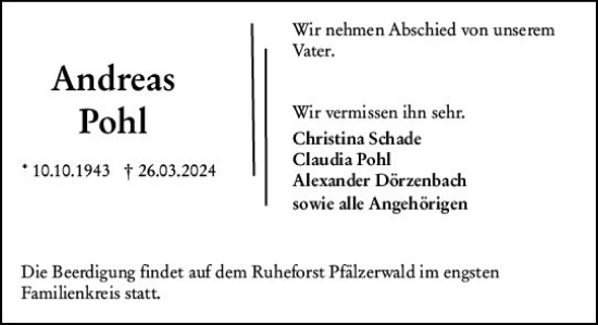 Traueranzeige von Andreas Pohl von Wormser Zeitung