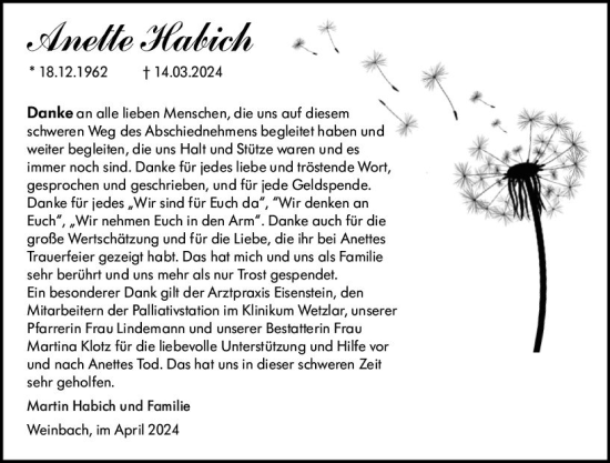 Traueranzeige von Anette Habich von Weilburger Tageblatt
