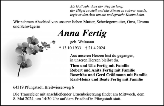 Traueranzeige von Anna Fertig von Darmstädter Echo