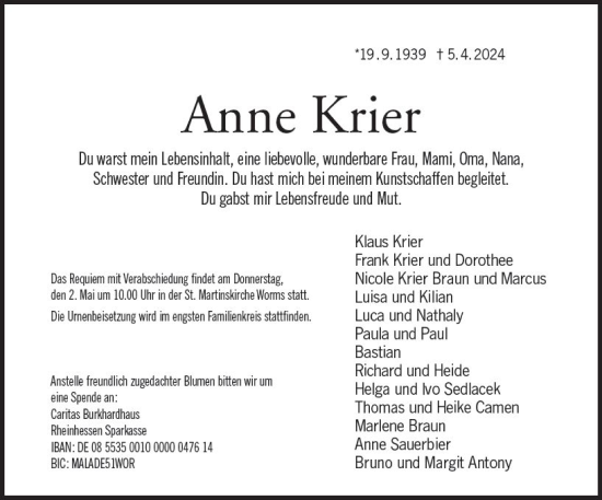 Traueranzeige von Anne Krier von Wormser Zeitung