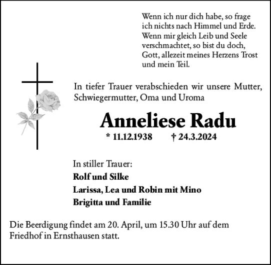 Traueranzeige von Anneliese Radu von Weilburger Tageblatt