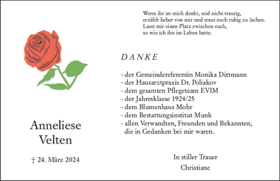 Traueranzeige von Anneliese Velten von Hochheimer Zeitung