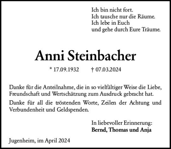 Traueranzeige von Anni Steinbacher von Darmstädter Echo