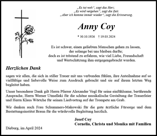 Traueranzeige von Anny Coy von Dieburger Anzeiger/Groß-Zimmerner Lokal-Anzeiger