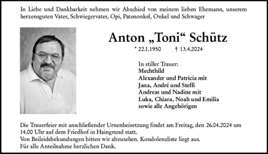 Traueranzeige von Anton Schütz von Odenwälder Echo