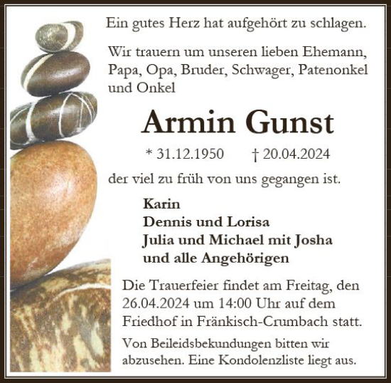 Traueranzeige von Armin Gunst von Odenwälder Echo