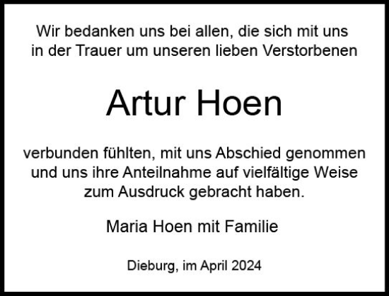 Traueranzeige von Artur Hoen von Dieburger Anzeiger/Groß-Zimmerner Lokal-Anzeiger