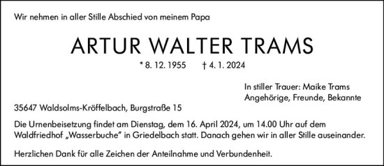 Traueranzeige von Artur Walter Trams von Wetzlarer Neue Zeitung