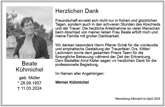 Traueranzeige von Beate Kühmichel von Weilburger Tageblatt