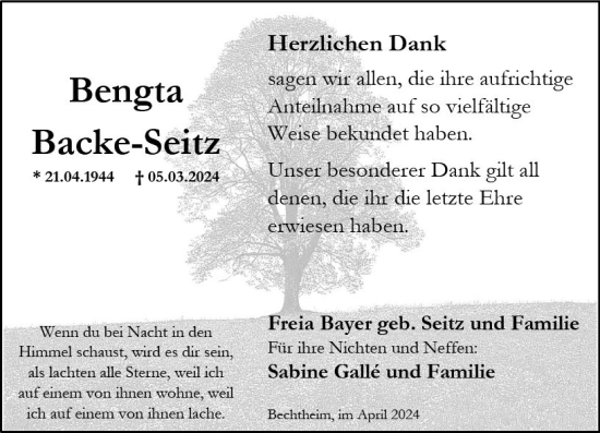 Traueranzeige von Bengta Backe-Seitz von Wormser Zeitung