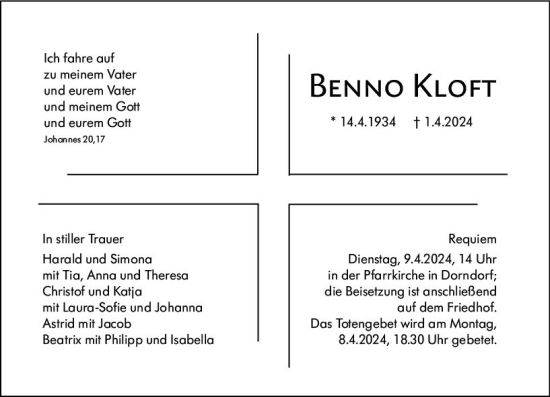 Traueranzeige von Benno Kloft von Nassauische Neue Presse