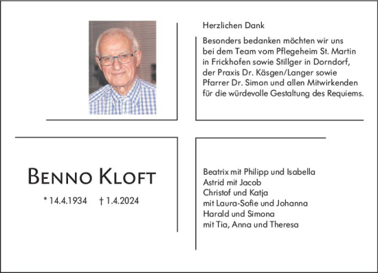 Traueranzeige von Benno Kloft von Nassauische Neue Presse