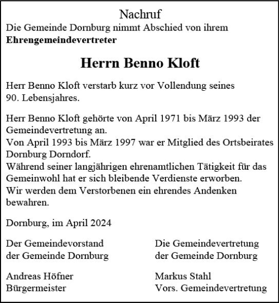 Traueranzeige von Benno Kloft von Nassauische Neue Presse