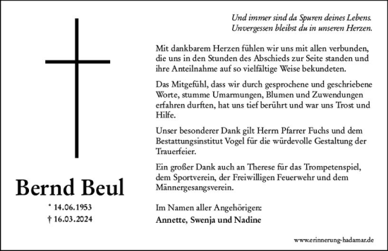 Traueranzeige von Bernd Beul von Nassauische Neue Presse
