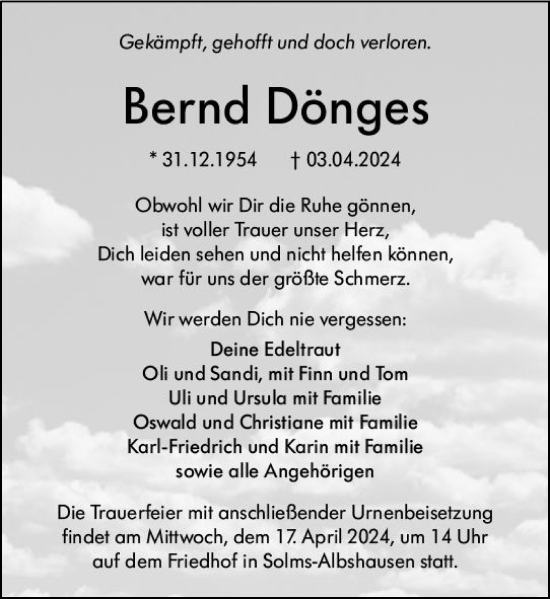 Traueranzeige von Bernd Dönges von Wetzlarer Neue Zeitung