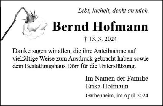 Traueranzeige von Bernd Hofmann von Wetzlarer Neue Zeitung