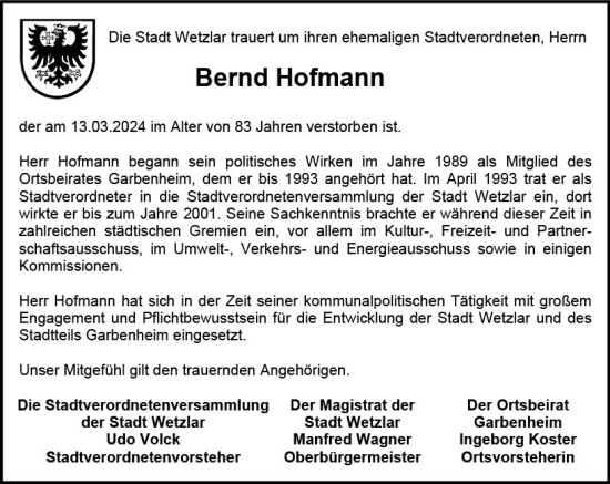 Traueranzeige von Bernd Hofmann von Wetzlarer Neue Zeitung