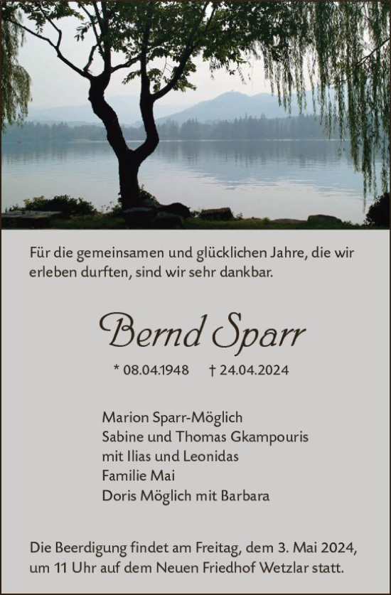 Traueranzeige von Bernd Sparr von Wetzlarer Neue Zeitung