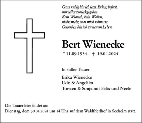 Traueranzeige von Bert Wienecke von Darmstädter Echo