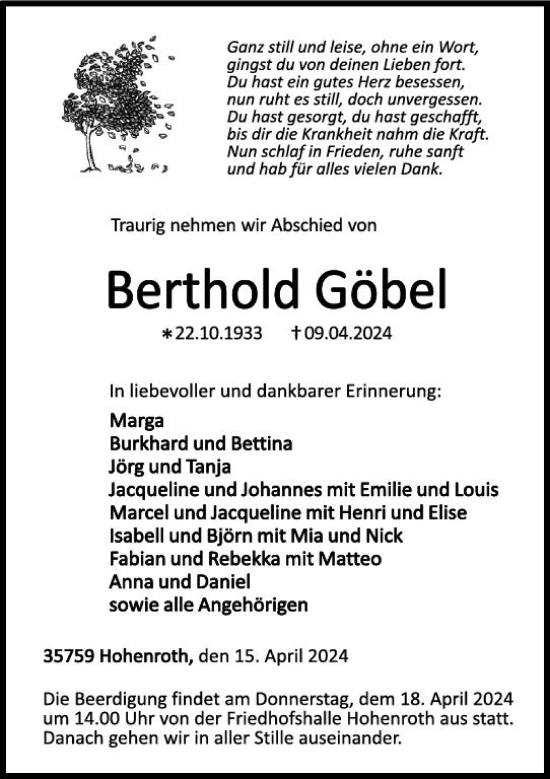Traueranzeige von Berthold Göbel von Dill Block