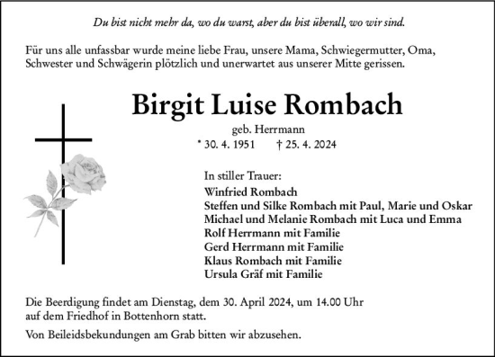 Traueranzeige von Birgit Luise Rombach von Hinterländer Anzeiger