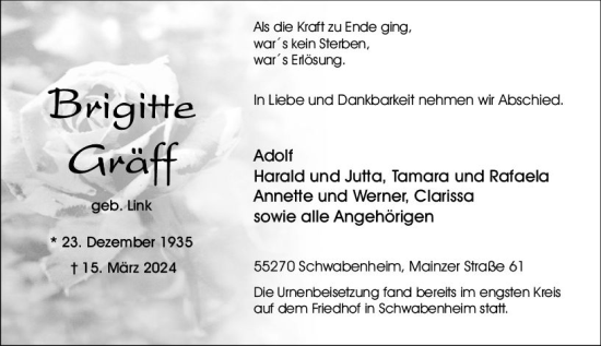 Traueranzeige von Brigitte Gräff von Allgemeine Zeitung Bingen/Ingelheim