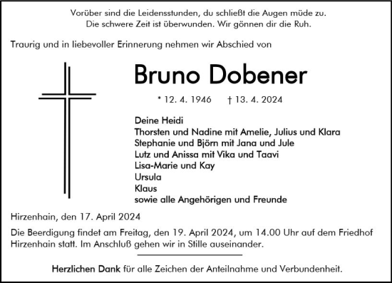 Traueranzeige von Bruno Dobener von Hinterländer Anzeiger